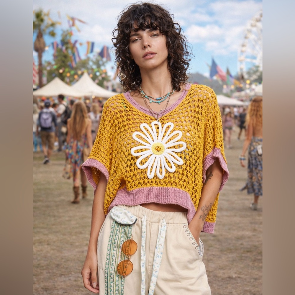 POL Daisy Sweater Open Weave Crochet Boho Knit Yellow Small NWT Festival - Picture 5 of 8